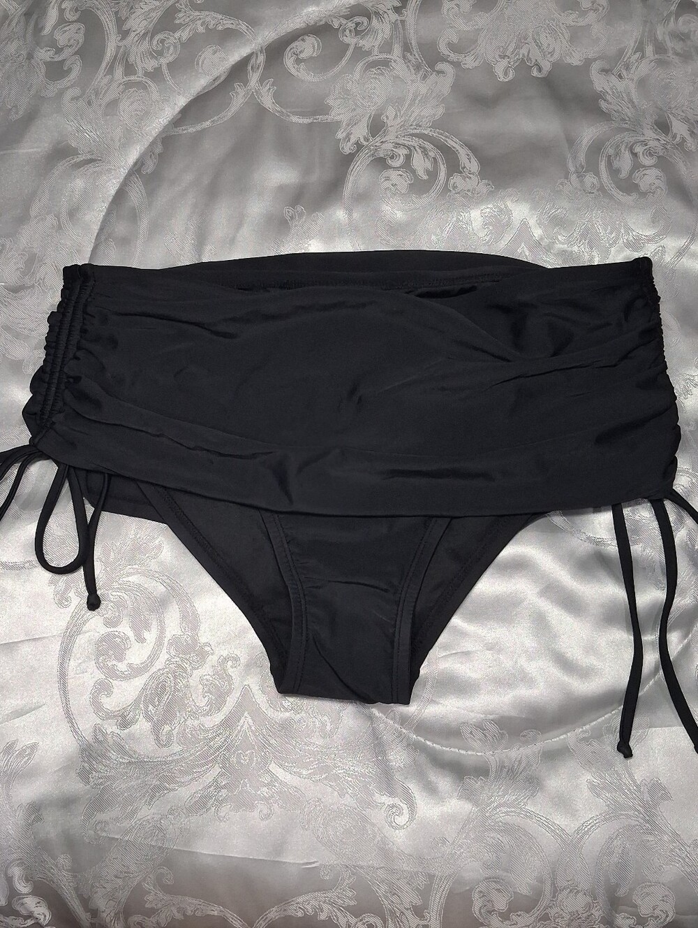Coastal Blue Black Bikini Bottom Ruched Skirt Side Tie Coverage Mid Rise M L